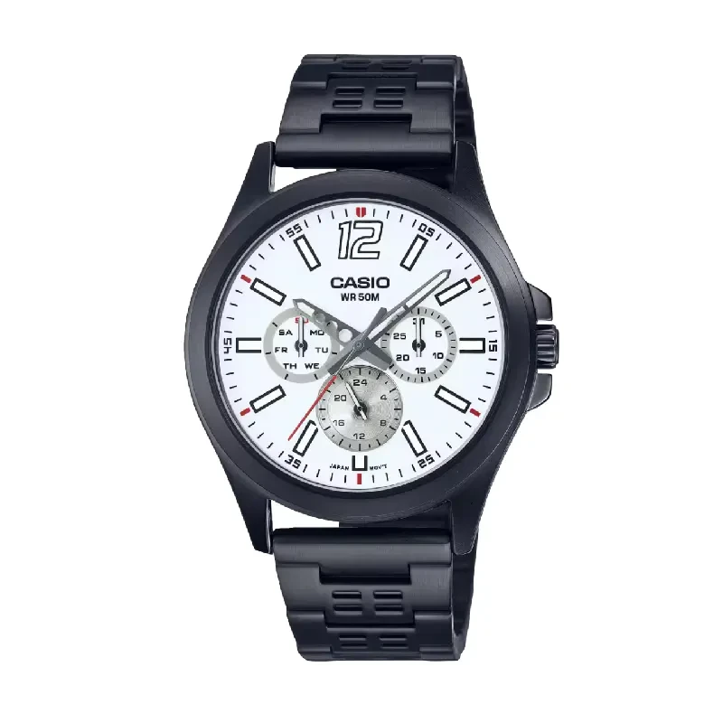 Casio Sporty White Dial Black Band Men's Watch- MTP-E350B-7BV